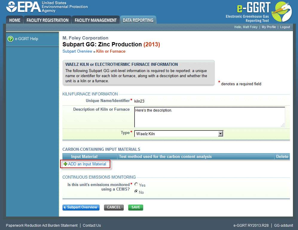 Subpart GG - Step 3: Enter Kiln or Furnace Information